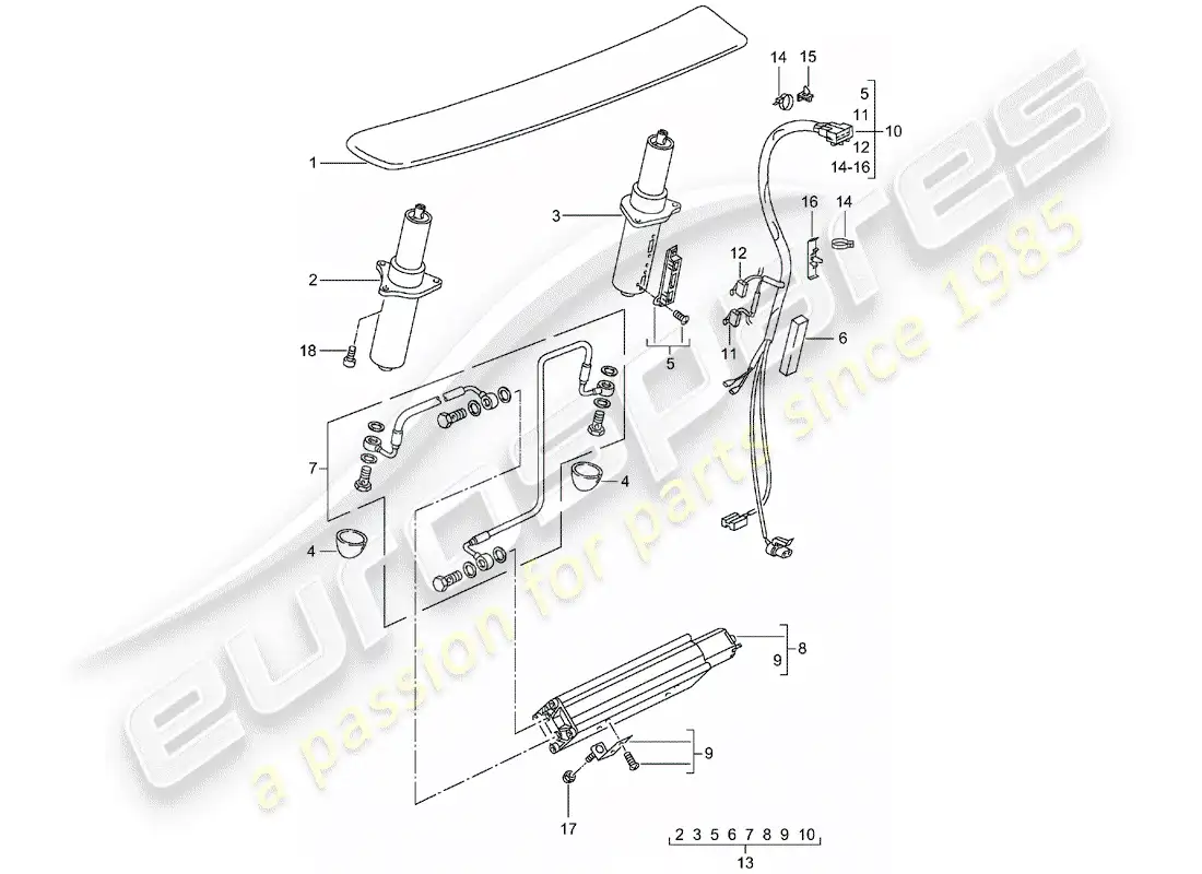 porsche 2003 (996 turbo / gt2) alerón trasero diagrama de piezas