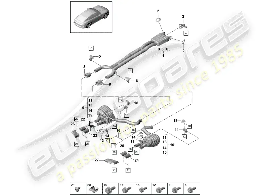 porsche 2019 (panamera 971-1) sistema de escape diagrama de piezas
