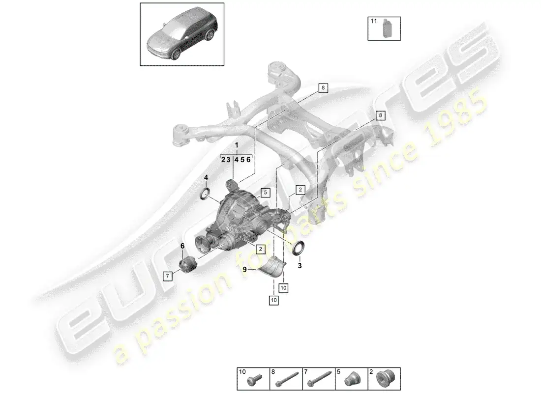 porsche 2020 (cayenne e3 9ya/9yb) diferencial del eje trasero diagrama de piezas