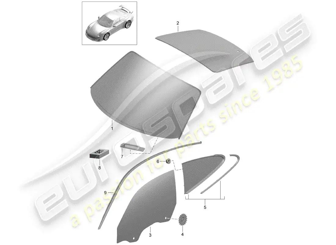 porsche 2016 (991-1 r/gt3/rs) vidrios de ventanas diagrama de piezas