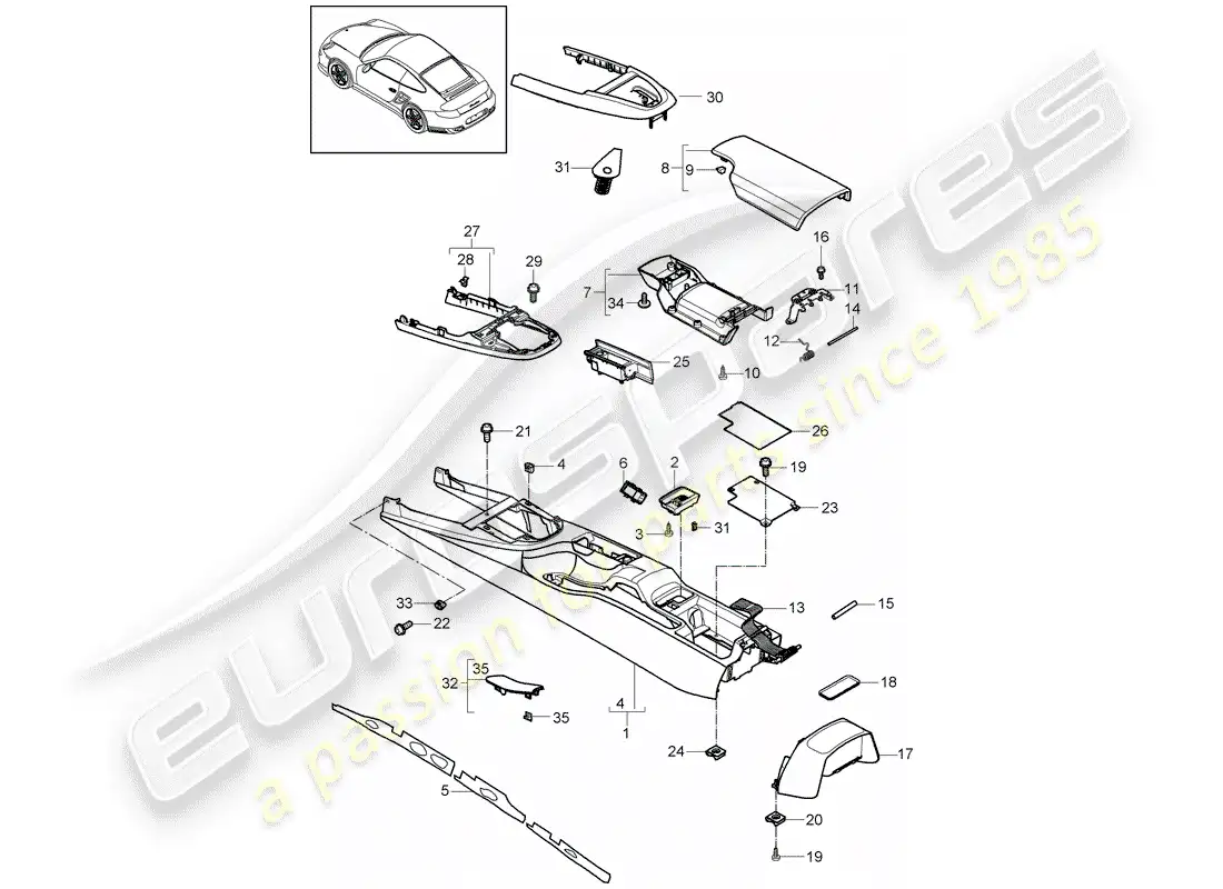 porsche 2013 (997-2 turbo / gt2 rs) center console diagrama de piezas