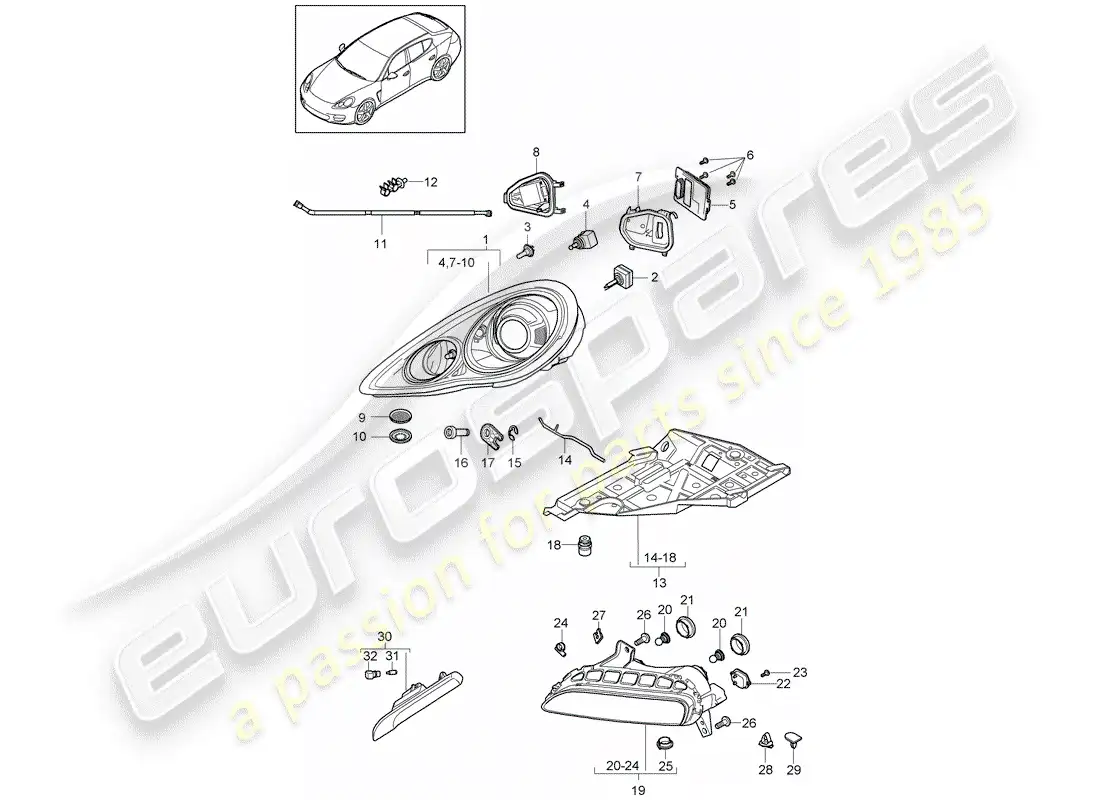 porsche 2014 (panamera 970) lámpara de cabeza diagrama de piezas