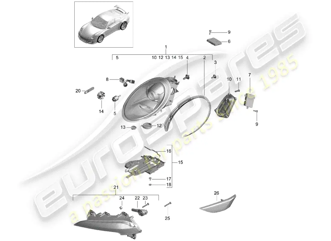 porsche 2016 (991-1 r/gt3/rs) lámpara de cabeza diagrama de piezas