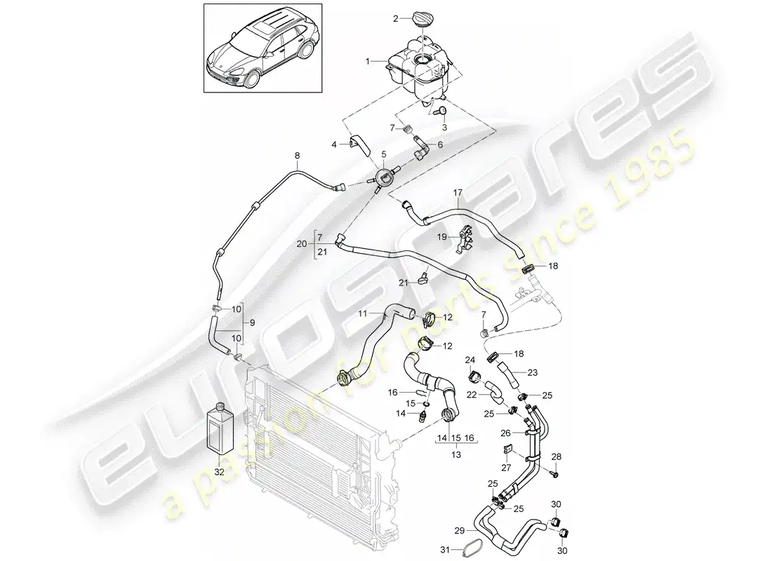porsche 2018 (cayenne e2 92a) diagrama de piezas de refrigeración por agua