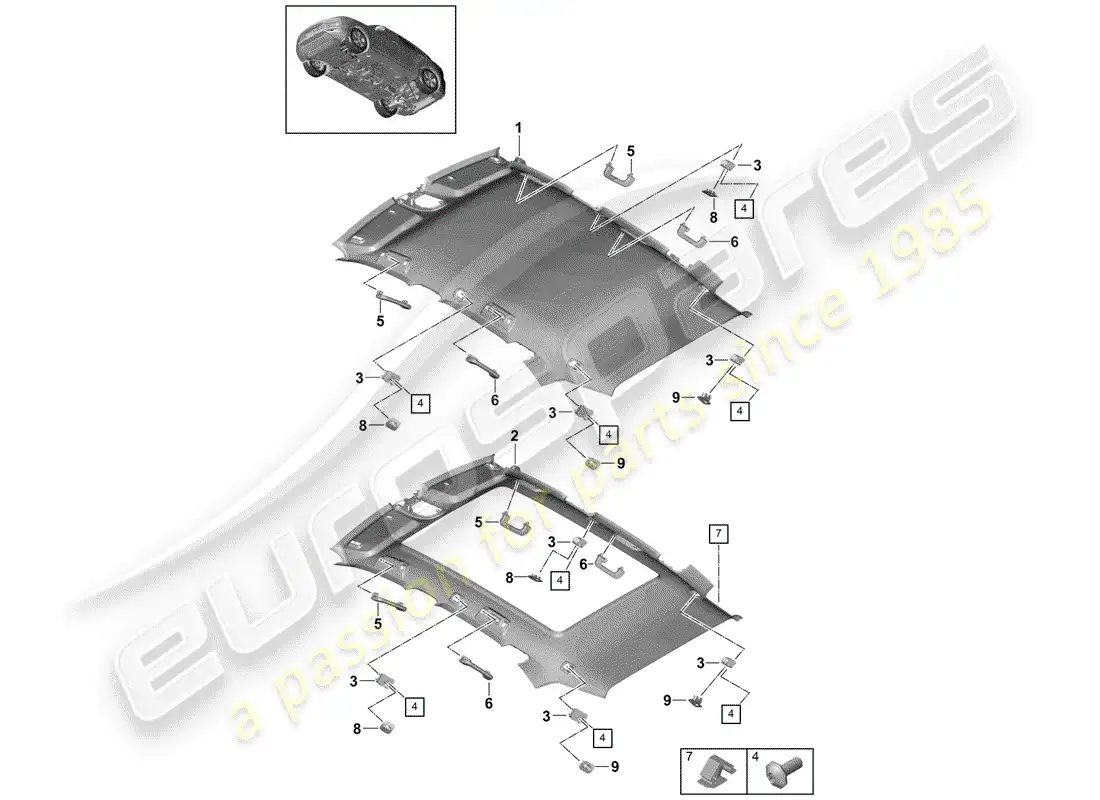 porsche 2019 (cayenne e3 9ya/9yb) panel de adorno de techo diagrama de piezas