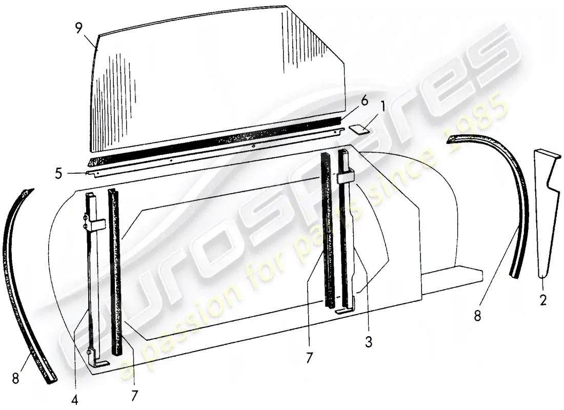 porsche 1951 (356/356a) puerta ventana diagrama de piezas
