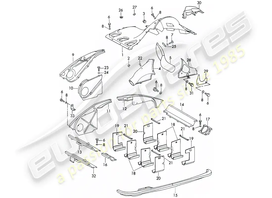 porsche 1973 (911) conducto de aire y cubierta del motor diagrama de piezas