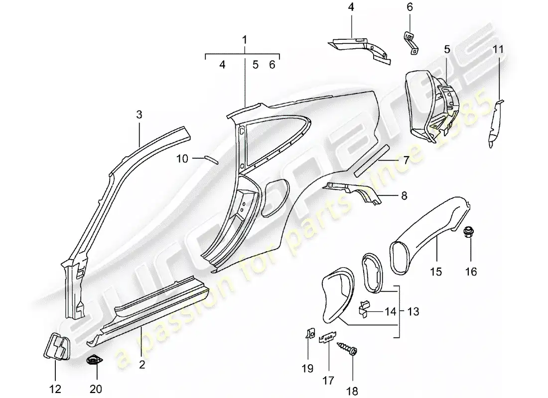 porsche 2004 (996 turbo / gt2) panel lateral diagrama de piezas