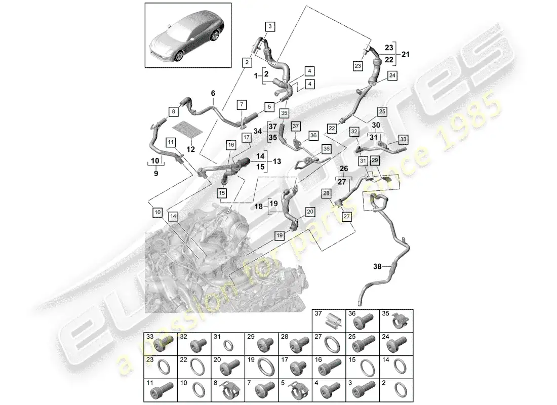porsche 2017 (panamera 971-1) diagrama de piezas de refrigeración por agua