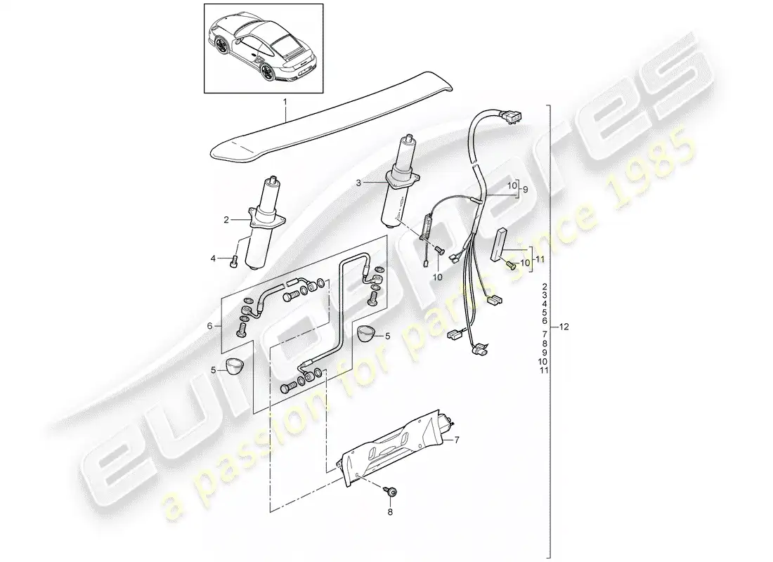 porsche 2011 (997-2 turbo / gt2 rs) diagrama de piezas del spoiler trasero