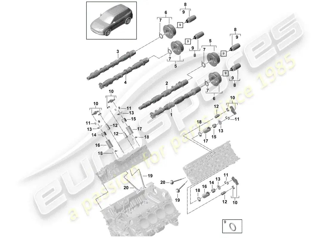 porsche 2020 (cayenne e3 9ya/9yb) árbol de levas, válvulas diagrama de piezas
