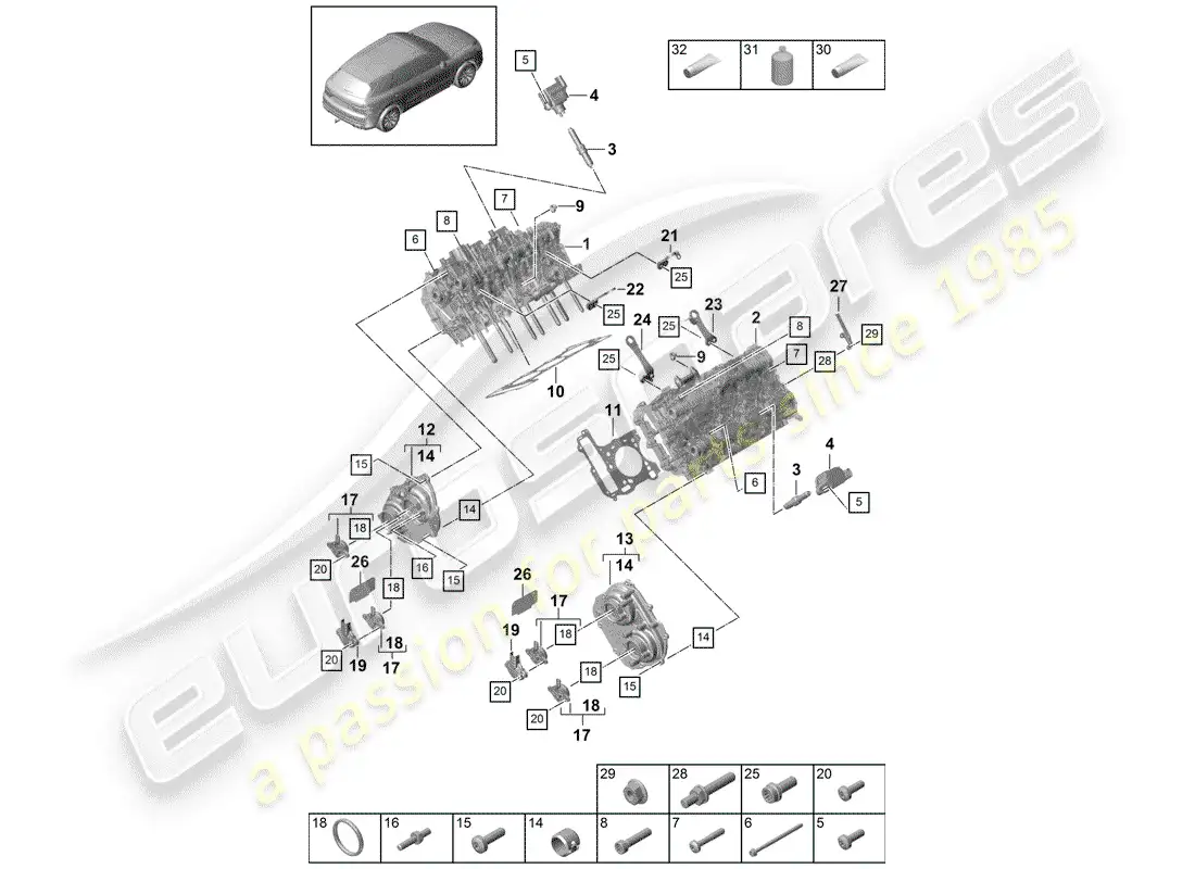 porsche 2020 (cayenne e3 9ya/9yb) cabeza de cilindro diagrama de piezas