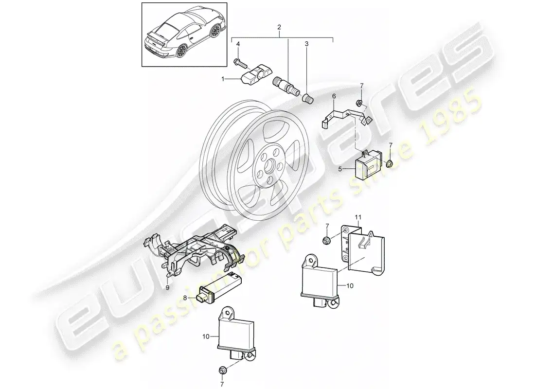 porsche 2008 (997-1 gt3) sistema de control de presión de neumáticos diagrama de piezas