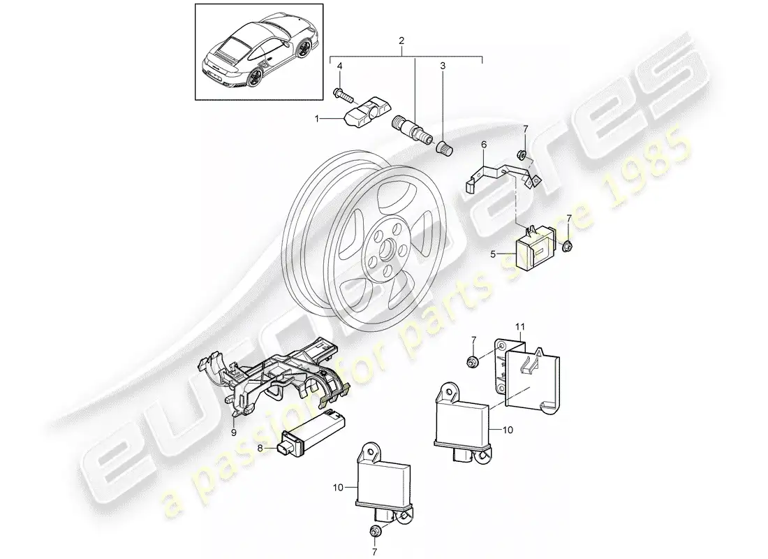 porsche 2013 (997-2 turbo / gt2 rs) sistema de control de presión de neumáticos diagrama de piezas