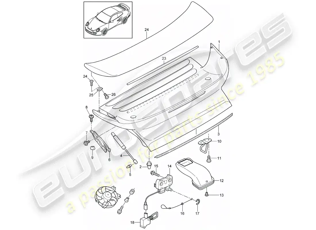 porsche 2011 (997-2 turbo / gt2 rs) diagrama de piezas de la cubierta