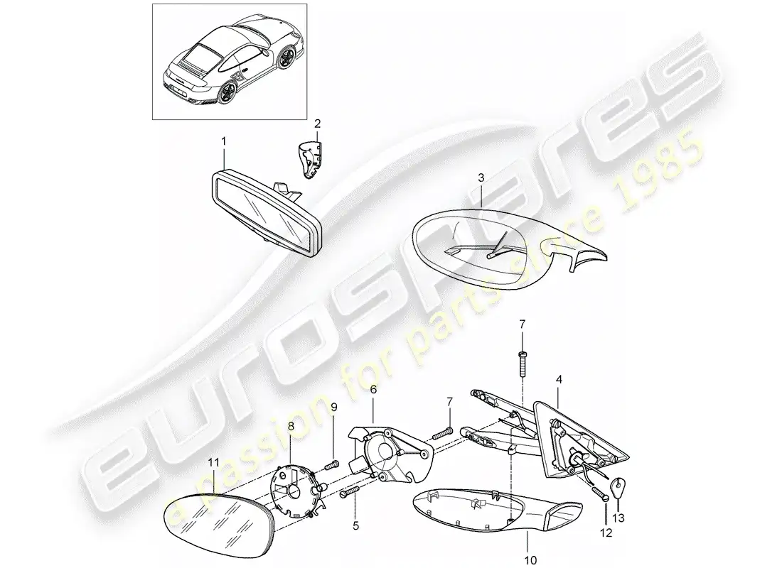 porsche 2013 (997-2 turbo / gt2 rs) espejo retrovisor interior diagrama de piezas