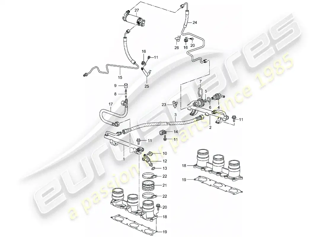 porsche 2004 (996 turbo / gt2) tubo de recogida de combustible diagrama de piezas
