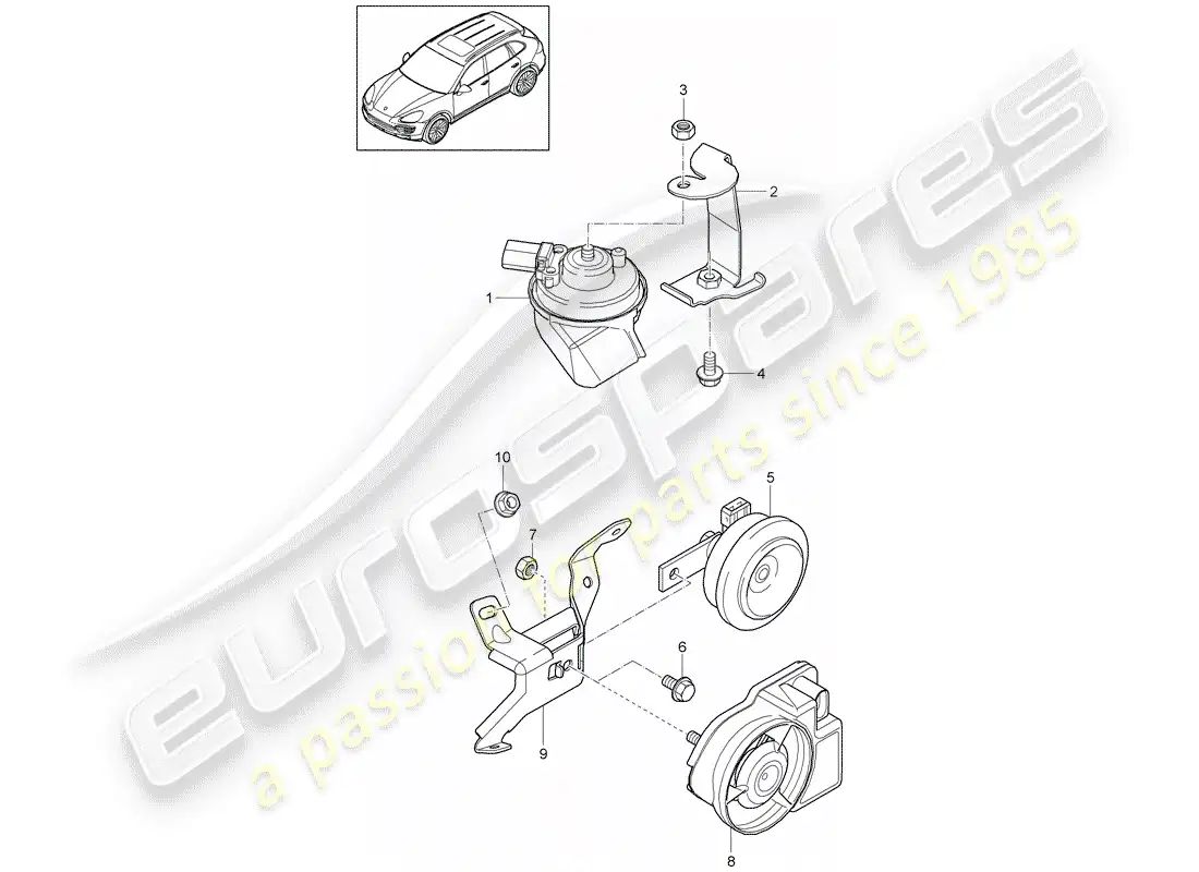 porsche 2012 (cayenne e2 92a) cuerno de fanfarria diagrama de piezas