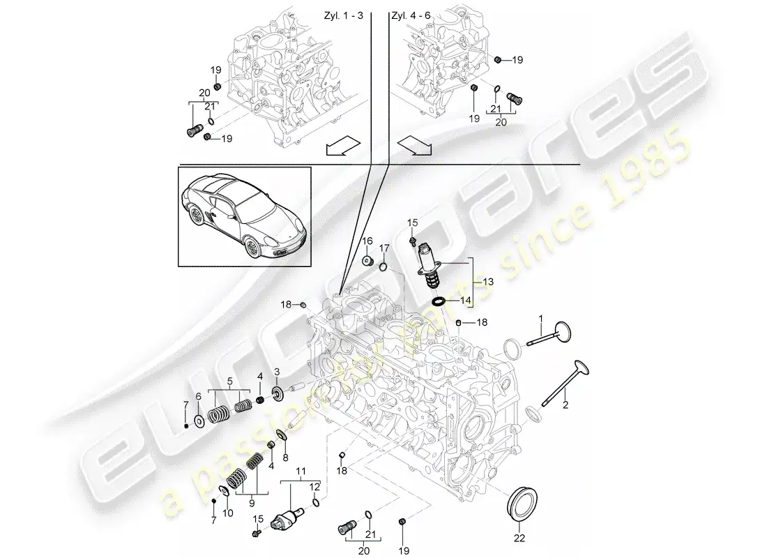 porsche 2012 (987 cayman) cabeza de cilindro diagrama de piezas