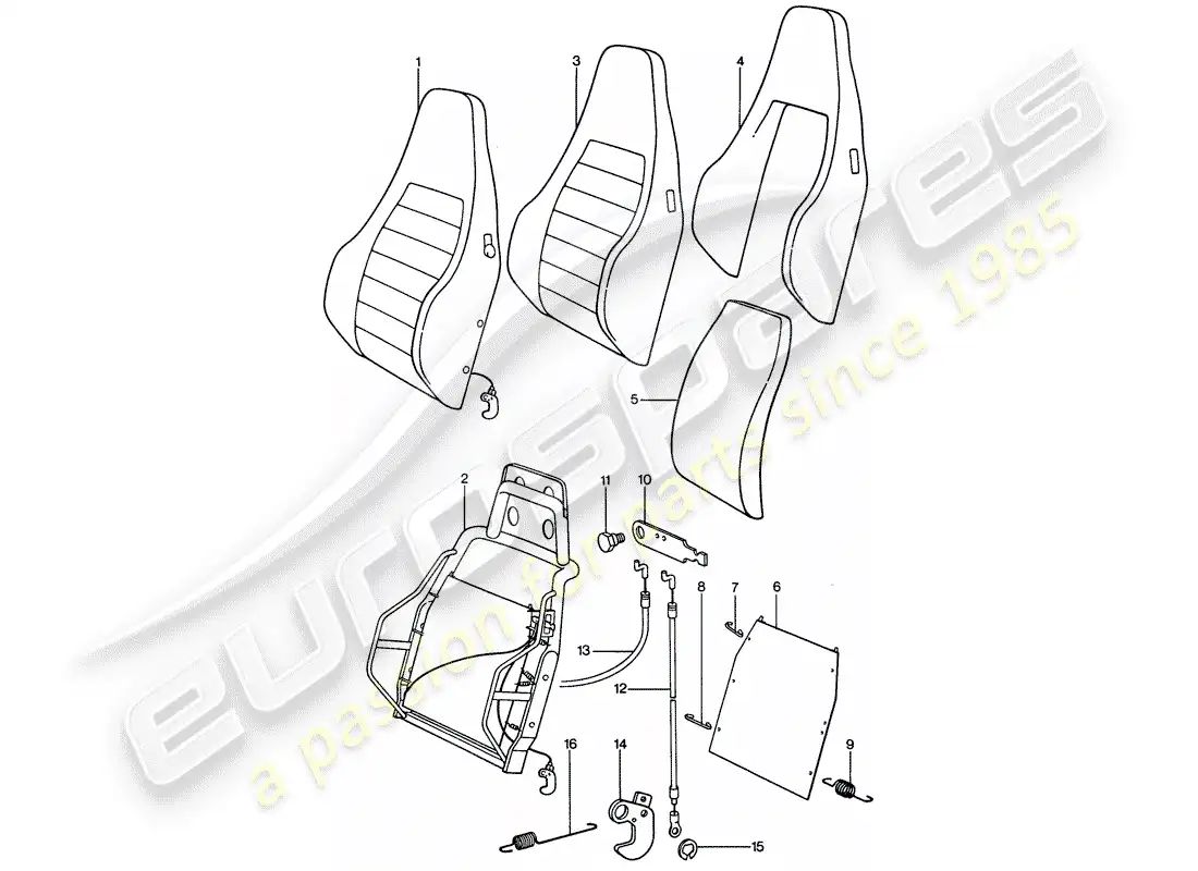 porsche 1975 (911) asiento deportivo - respaldo - piezas individuales diagrama de piezas