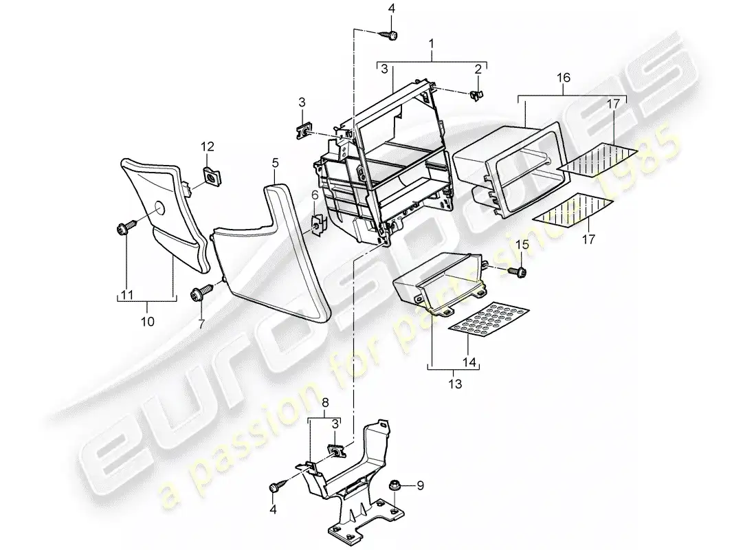 porsche 2007 (997-1 gt3) center console diagrama de piezas