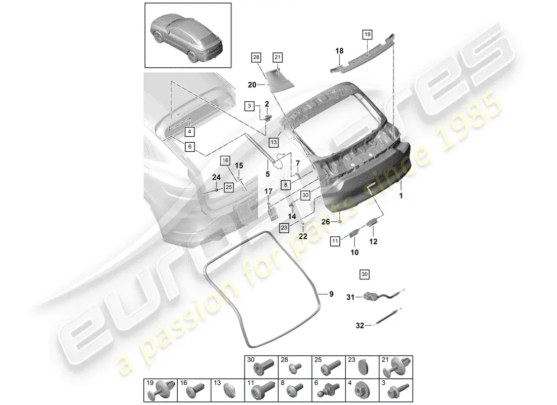 porsche 2018 (cayenne e3 9ya/9yb) tapa del maletero trasero diagrama de piezas