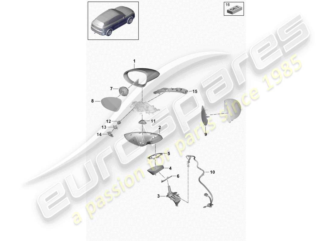 porsche 2021 (cayenne e3 9ya/9yb) espejo interior espejo exterior accesorios diagrama de piezas