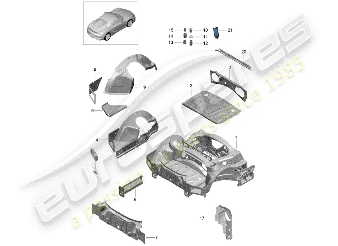 porsche 2016 (981 boxster spyder) extremo posterior diagrama de piezas