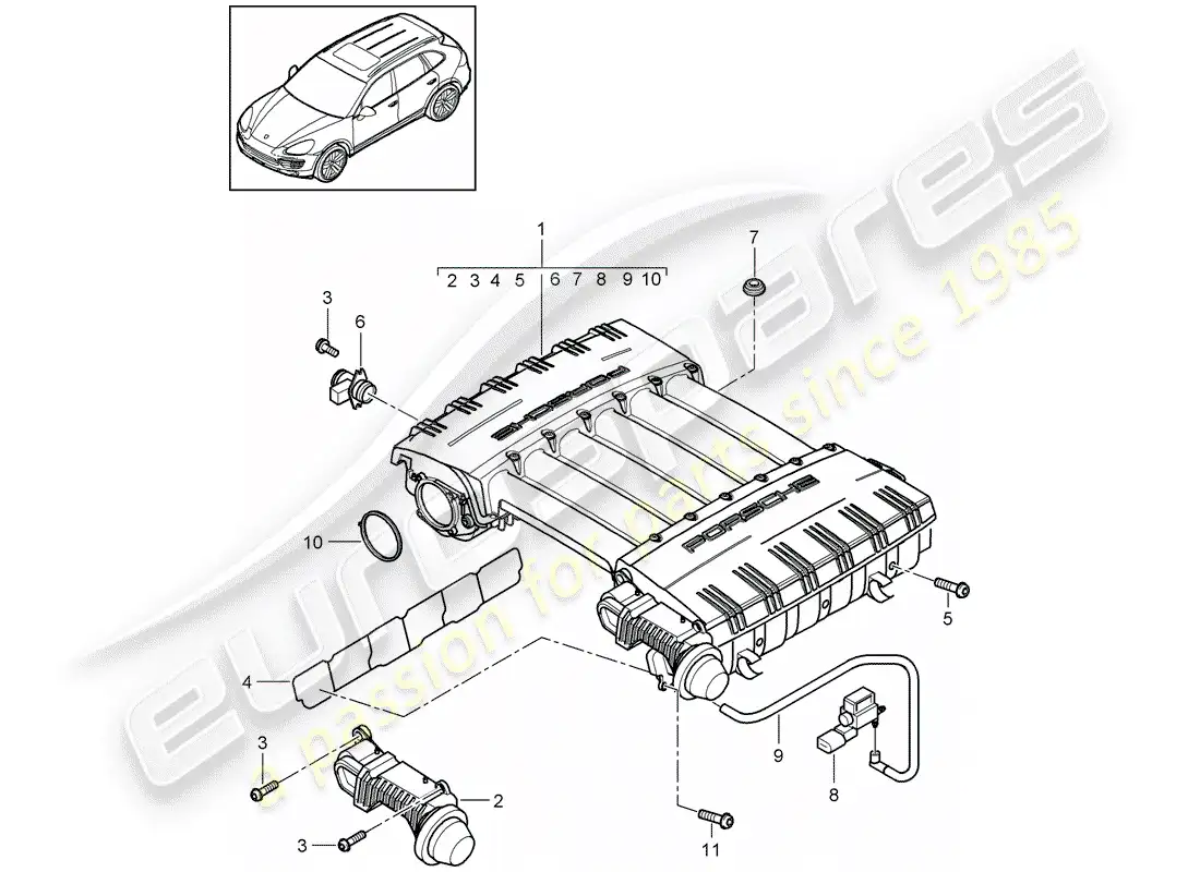 porsche 2013 (cayenne e2 92a) diagrama de piezas del colector de admisión