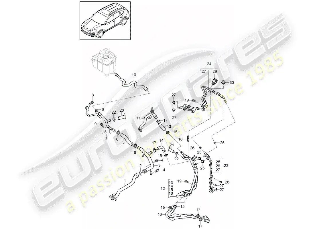 porsche 2013 (cayenne e2 92a) diagrama de piezas de refrigeración por agua