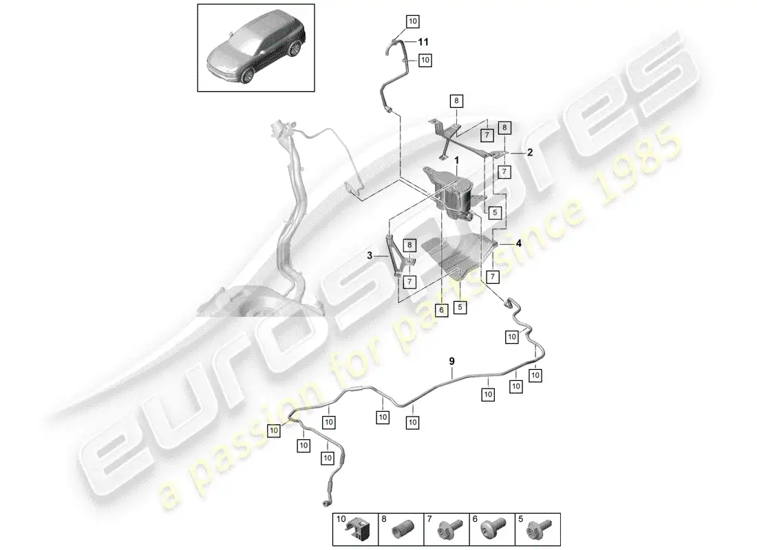 porsche 2020 (cayenne e3 9ya/9yb) bote de emisiones evaporativas diagrama de piezas