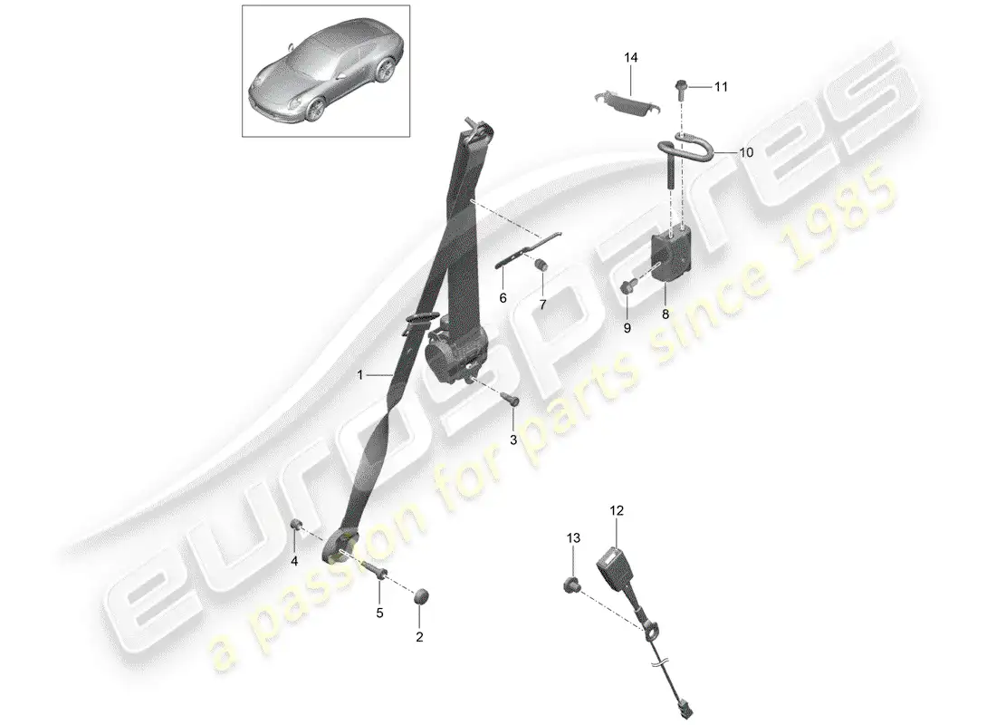 porsche 2012 (991-1) cinturón de seguridad de tres puntos diagrama de piezas