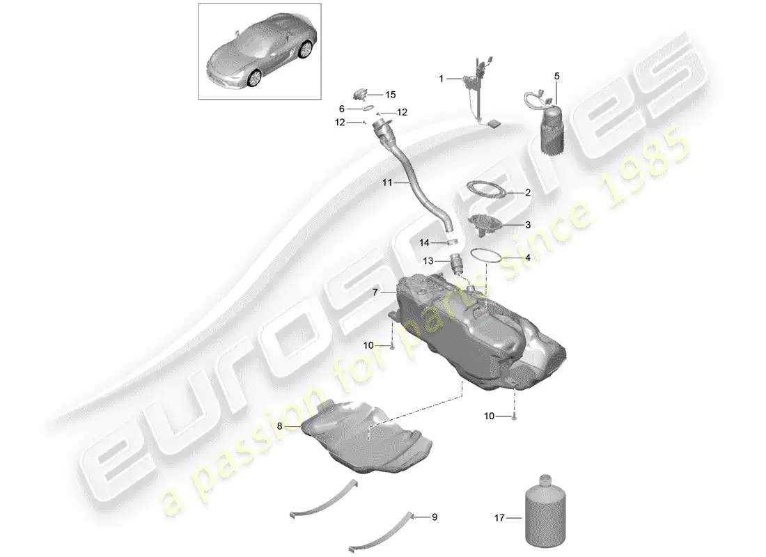 porsche 2016 (981 boxster spyder) depósito de combustible diagrama de piezas