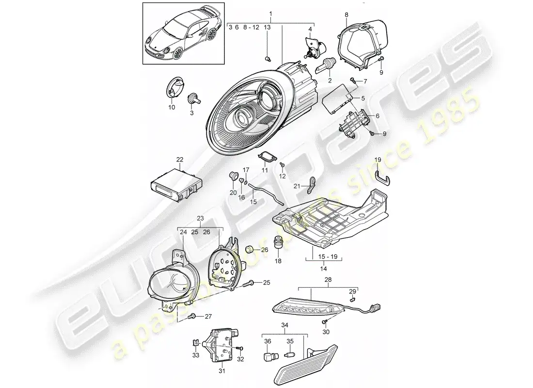 porsche 2012 (997-2 turbo / gt2 rs) lámpara de cabeza diagrama de piezas
