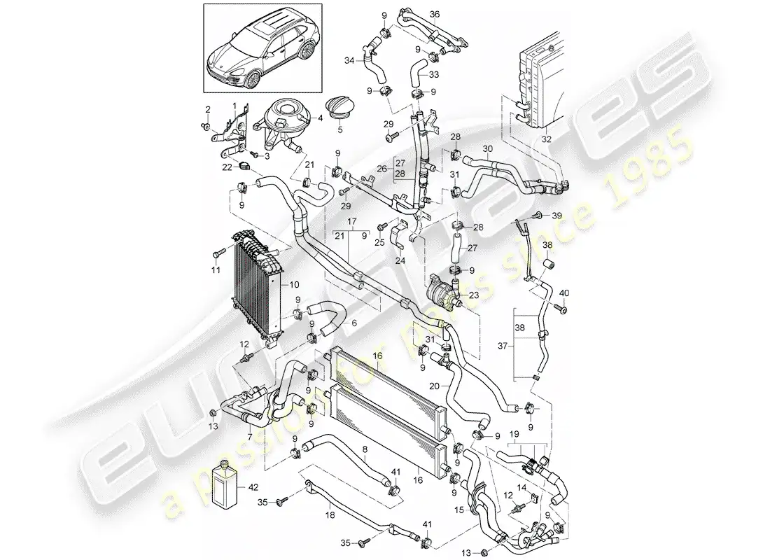 porsche 2013 (cayenne e2 92a) diagrama de piezas de refrigeración por agua