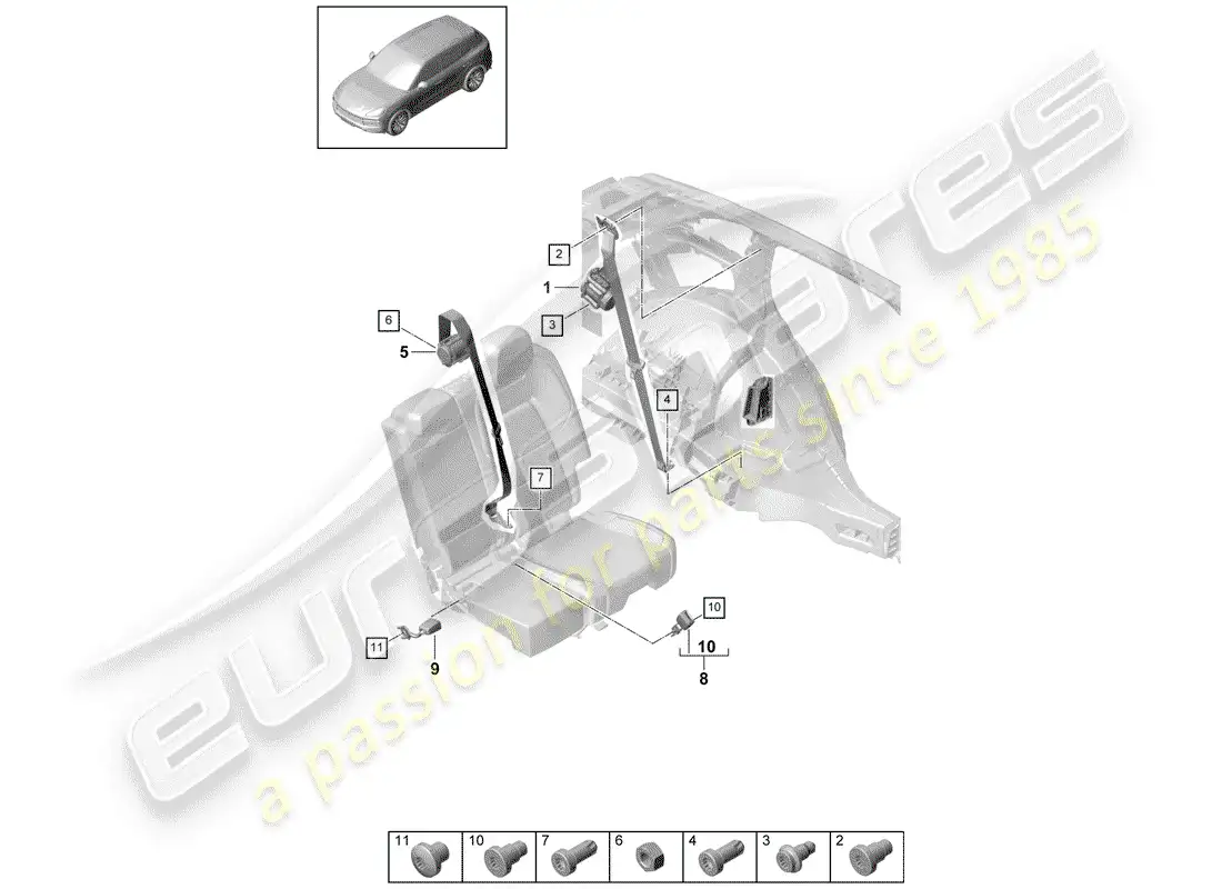 porsche 2018 (cayenne e3 9ya/9yb) cinturón de seguridad de tres puntos diagrama de piezas