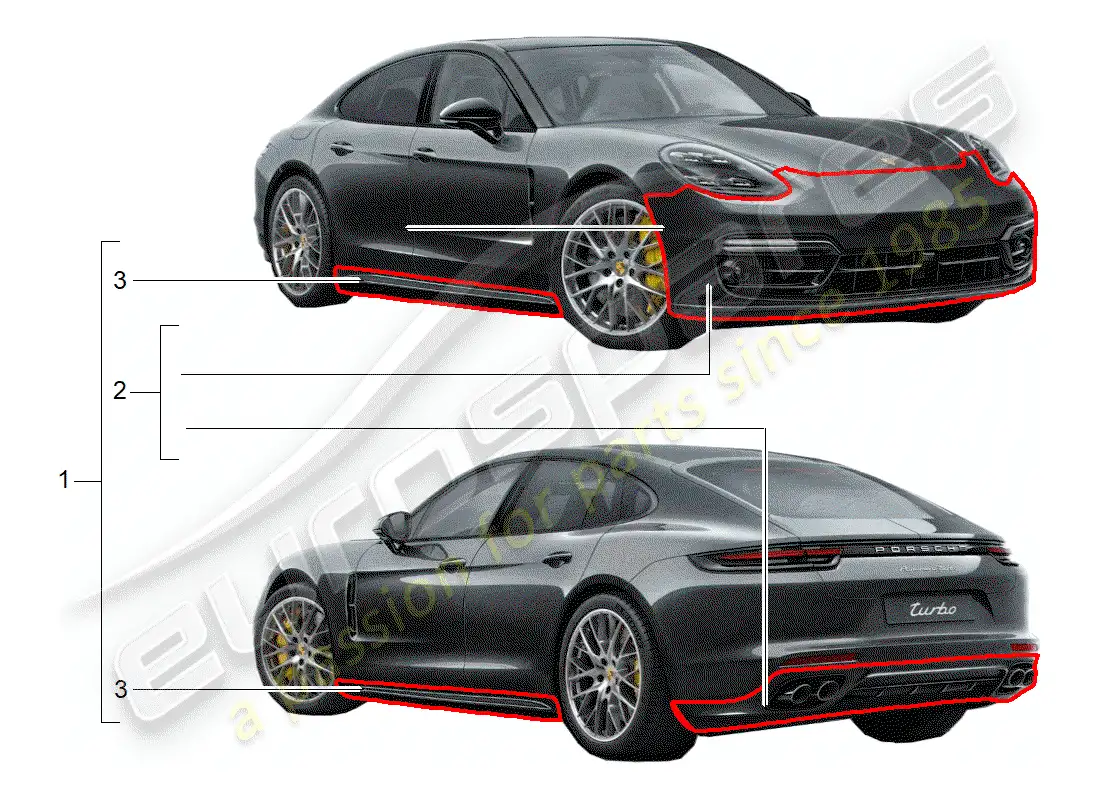 porsche 2016 (tequipment panamera) paquete de diseño deportivo diagrama de piezas