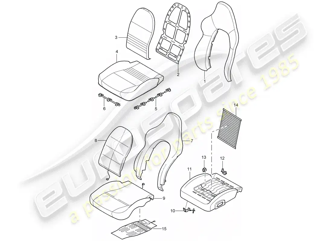 porsche 2001 (986 boxster) fundas de respaldo - fundas de asiento - pieza de espuma - asiento deportivo diagrama de piezas