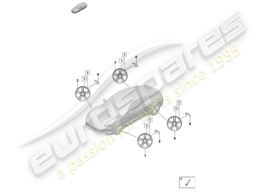 porsche 2026 (taycan 9j1-2) diagrama de piezas de la rueda de aleación 21