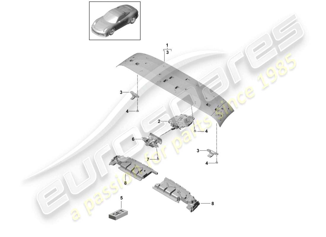 porsche 2021 (991-2 r/gt3/rs) diagrama de piezas del retén del marco del techo delantero del marco superior