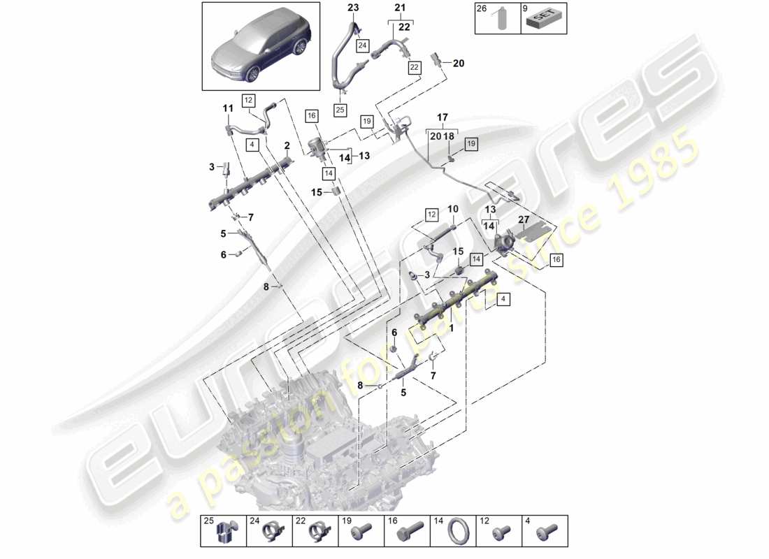 porsche 2023 (cayenne e3 9ya/9yb) diagrama de piezas de la bomba de alta presión del inyector de alta presión del tubo de recolección de combustible