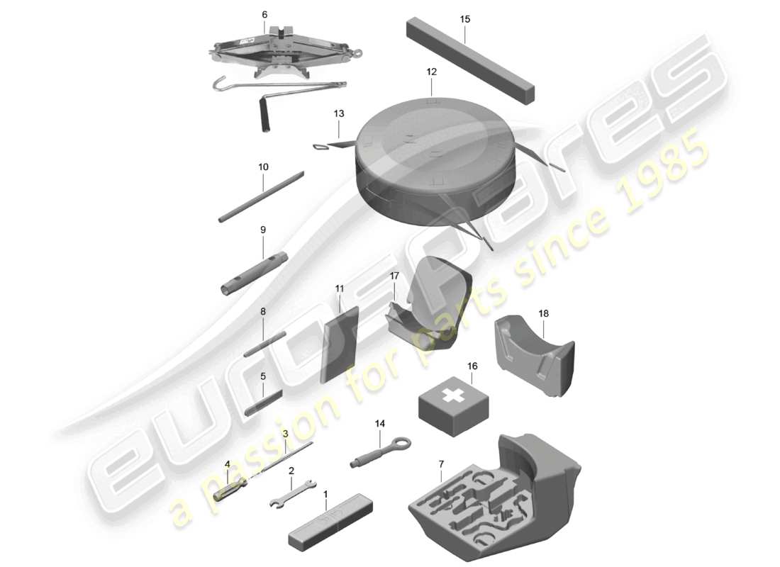 porsche 2025 (718 cayman) diagrama de piezas del gato de herramientas