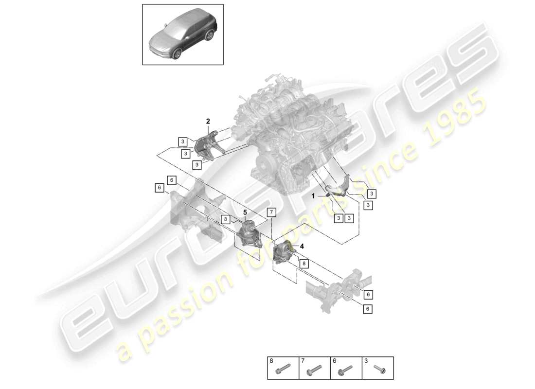 porsche 2023 (cayenne e3 9ya/9yb) aparejo de elevación del motor consola inferior para montaje del motor diagrama de piezas de montaje del motor
