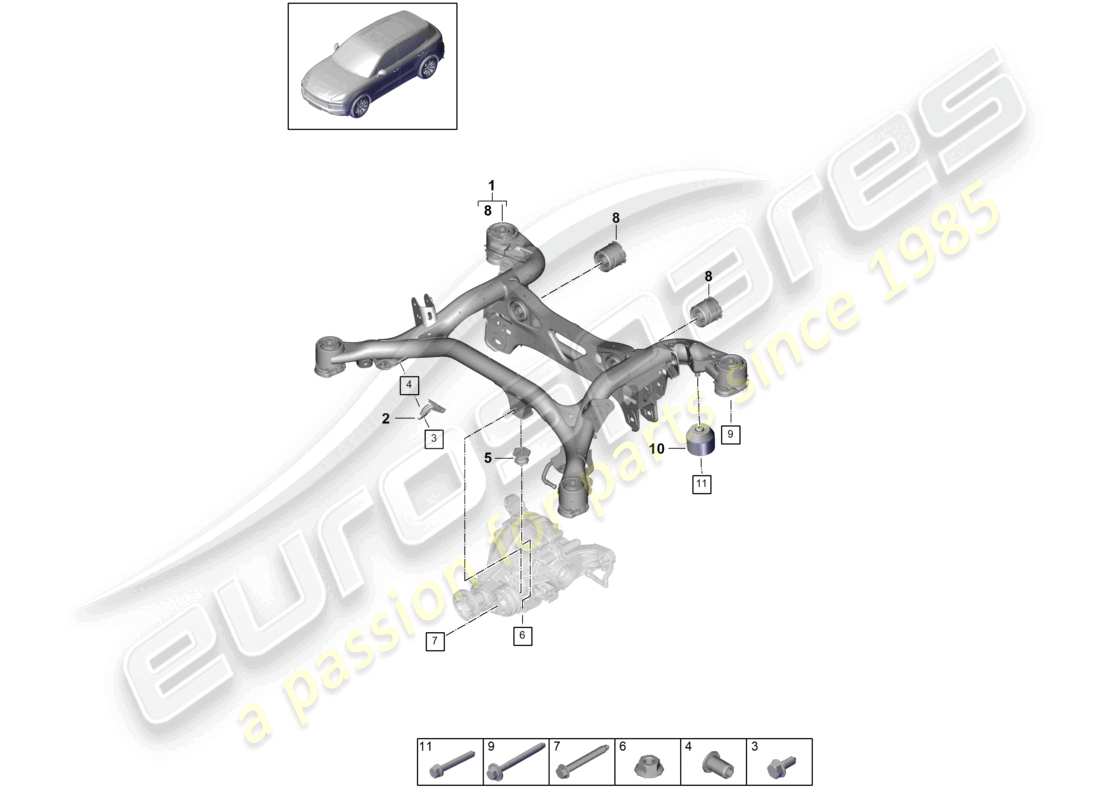 porsche 2023 (cayenne e3 9ya/9yb) diagrama de piezas del bastidor de soporte y del subchasis de suspensión