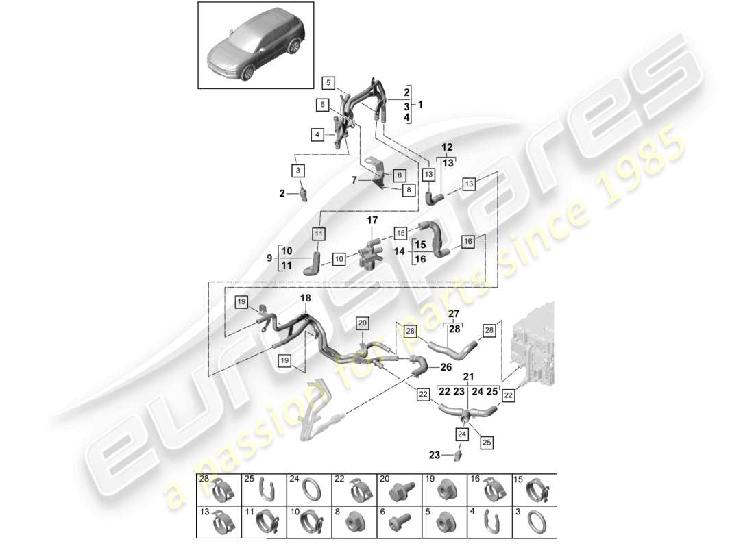 porsche 2022 (cayenne e3 9ya/9yb) sistema de enfriamiento del refrigerante diagrama de piezas