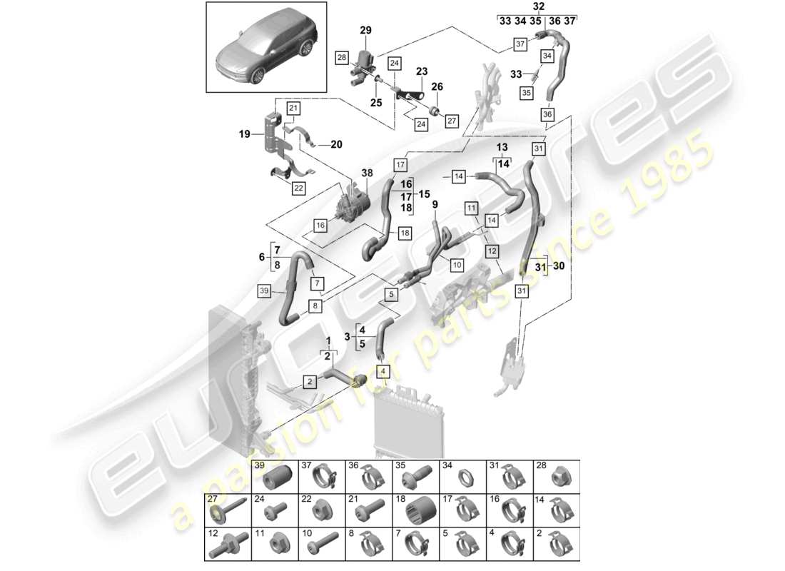 porsche 2022 (cayenne e3 9ya/9yb) diagrama de piezas del extremo delantero del sistema de enfriamiento del refrigerante