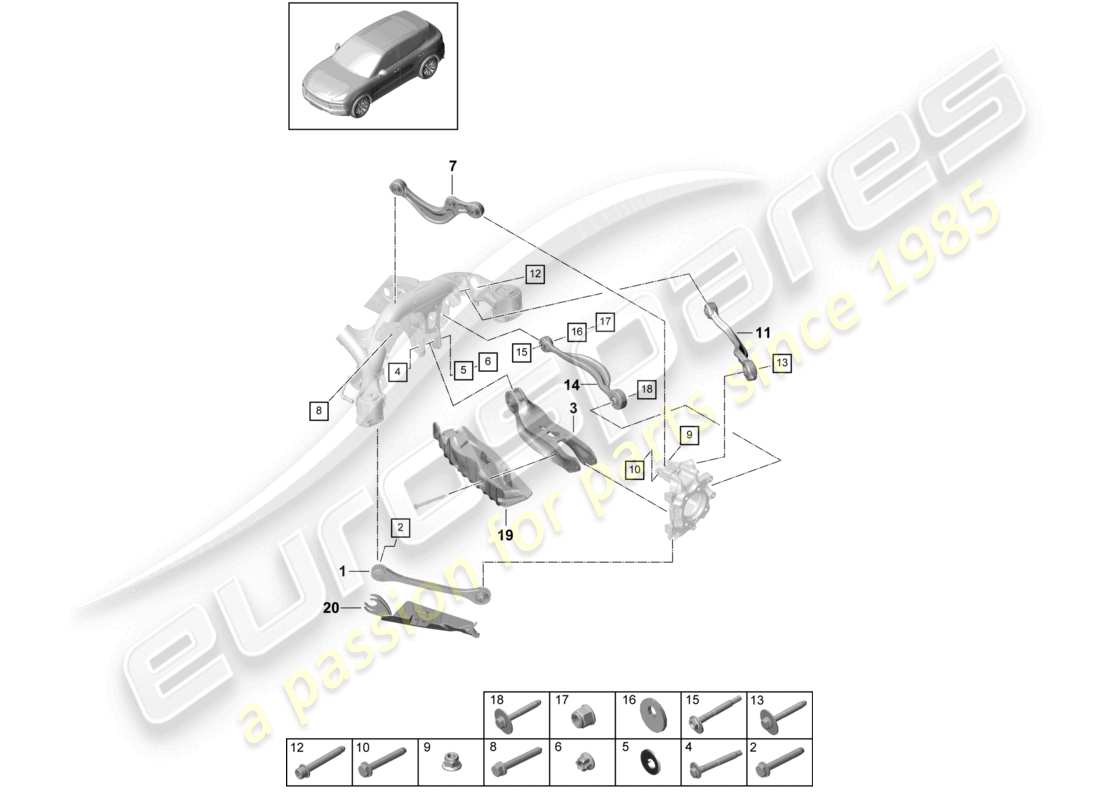 porsche 2022 (cayenne e3 9ya/9yb) diagrama de piezas del eje trasero de horquilla