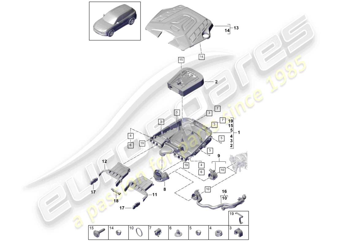 porsche 2023 (cayenne e3 9ya/9yb) filtro de aire con piezas de conexión diagrama de piezas de la cubierta del motor