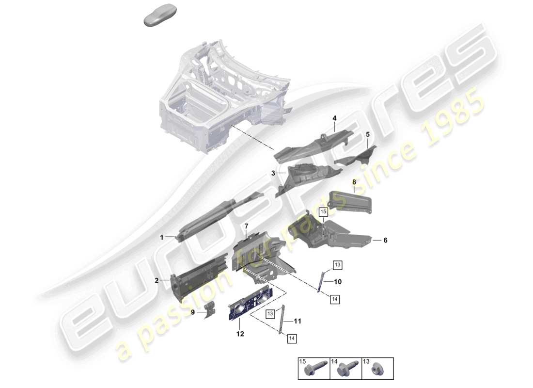 porsche 2026 (992-2 gt3) diagrama de piezas del soporte del puntal de suspensión del miembro lateral del extremo delantero