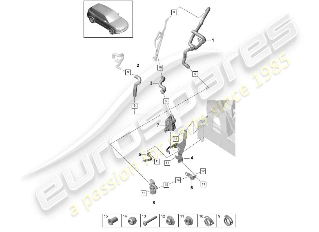 porsche 2023 (cayenne e3 9ya/9yb) calentador v6 circuito de baja temperatura delantero izquierdo para vehículos con propulsión híbrida diagrama de piezas